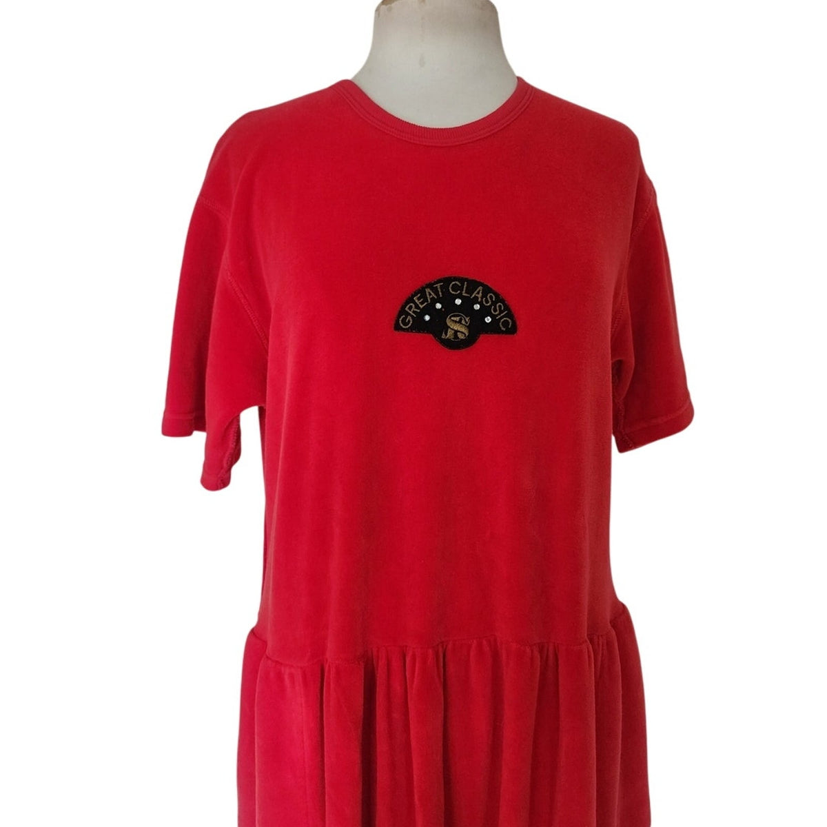 Vintage 1990s Velour Dress Red Sonia Rykiel Midi Drop Waist Embroidered Logo Emblem