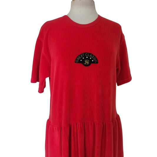 Vintage 1990s Velour Dress Red Sonia Rykiel Midi Drop Waist Embroidered Logo Emblem