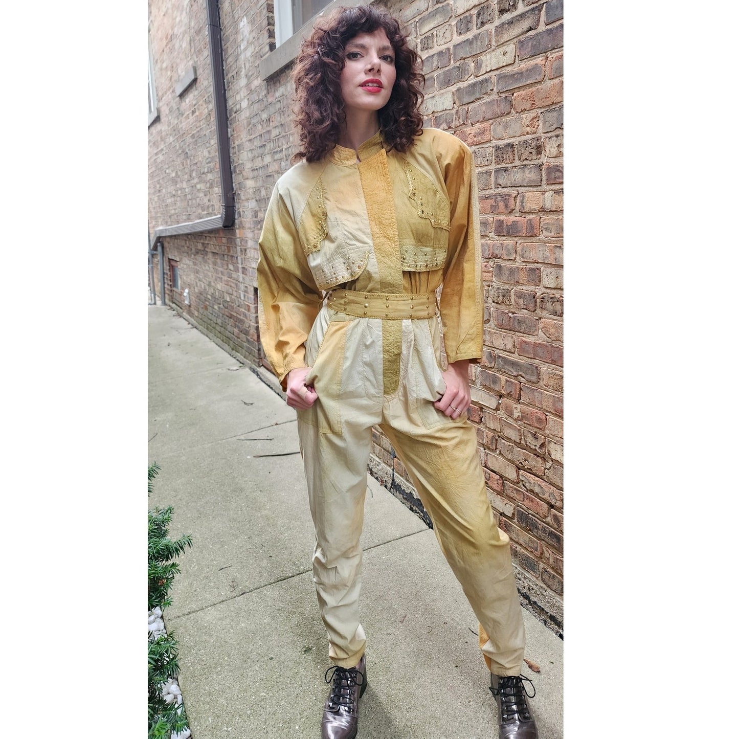 Vintage 80s Jumpsuit Yellow Gold Ombre w/Embroidered Studs Varda Garfinkel