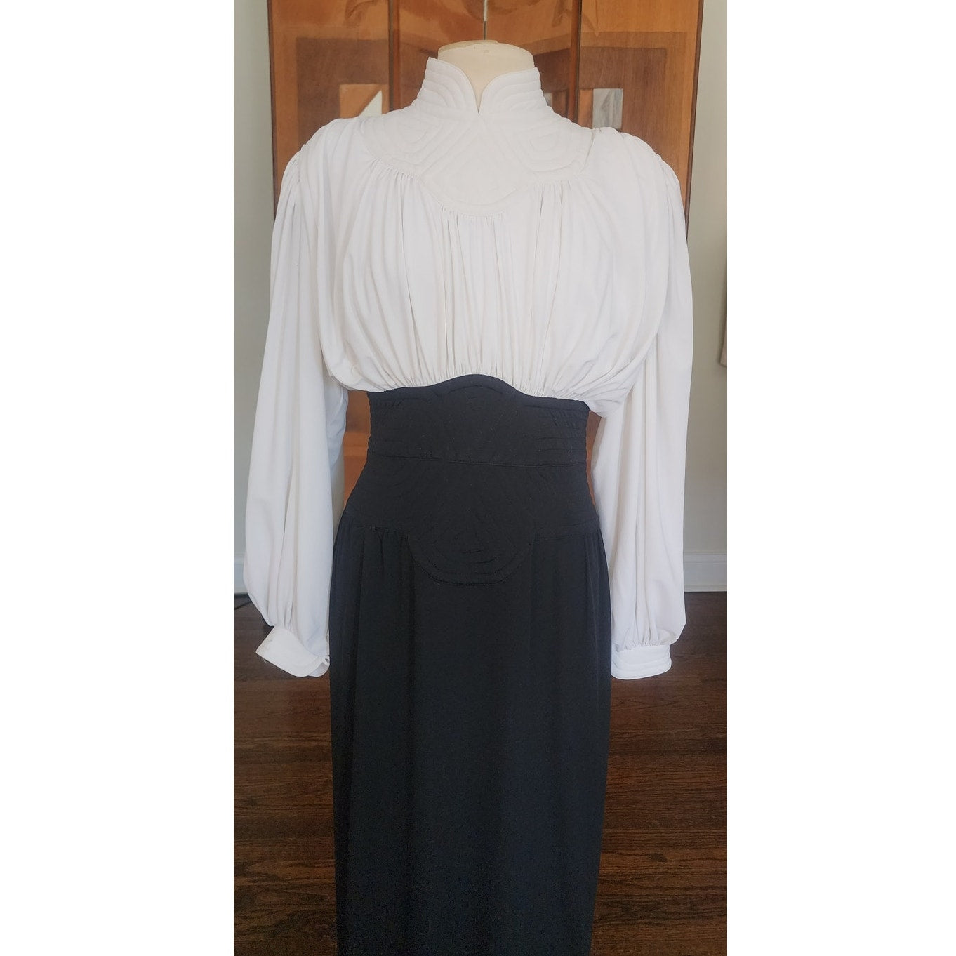 Vintage 80s Neo Edwardian Dress White Ruched Top Black Skirt Long Sleeves / M
