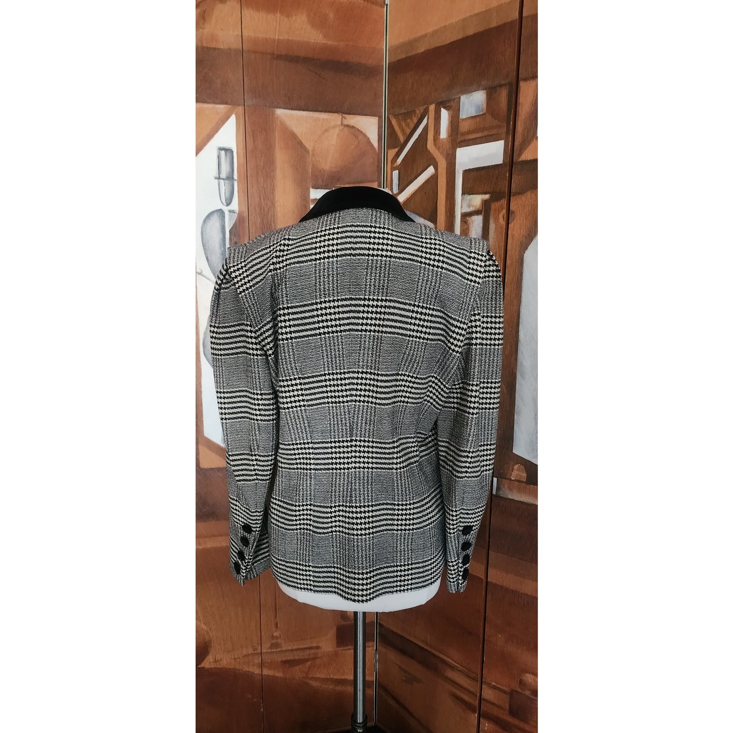 Vintage 1980s ESCADA Blazer Black Gray Plaid Tailored Jacket Double Breasted Velvet Collar
