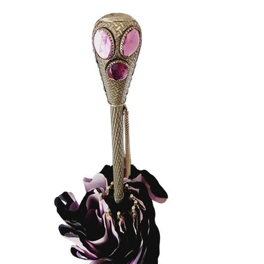 Vintage 60s Umbrella Purple Stone Silver Handle Floral Nylon Print