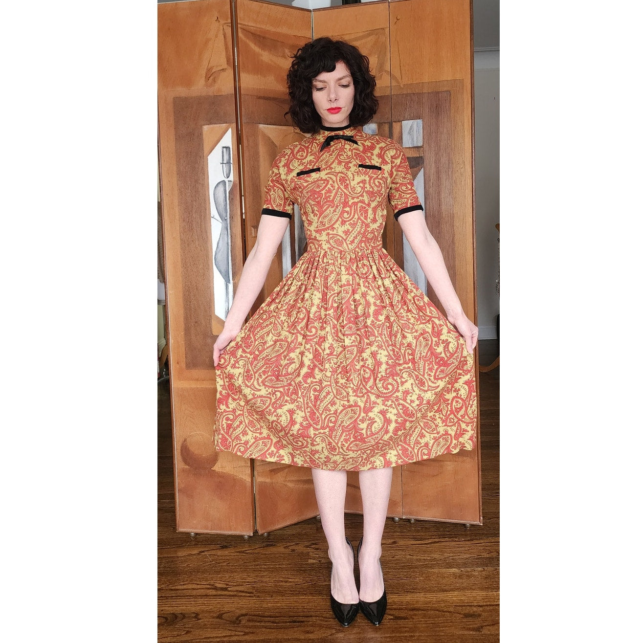 Vintage 50s Orange Paisley Print Midi Dress Carole King Junior Fashions / XS