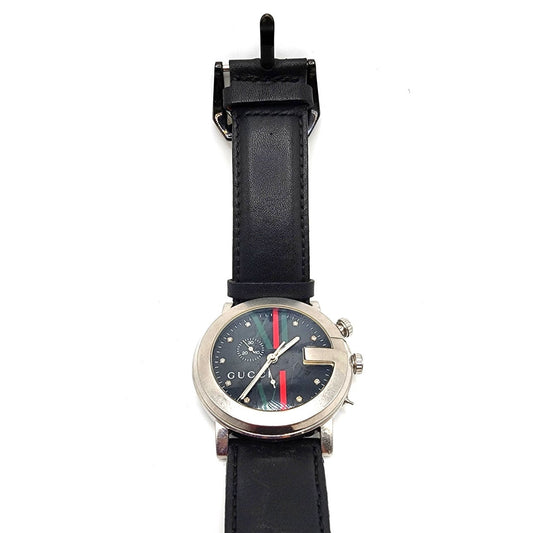 Vintage Gucci Mens Watch 101M Chrono Black Leather Strap