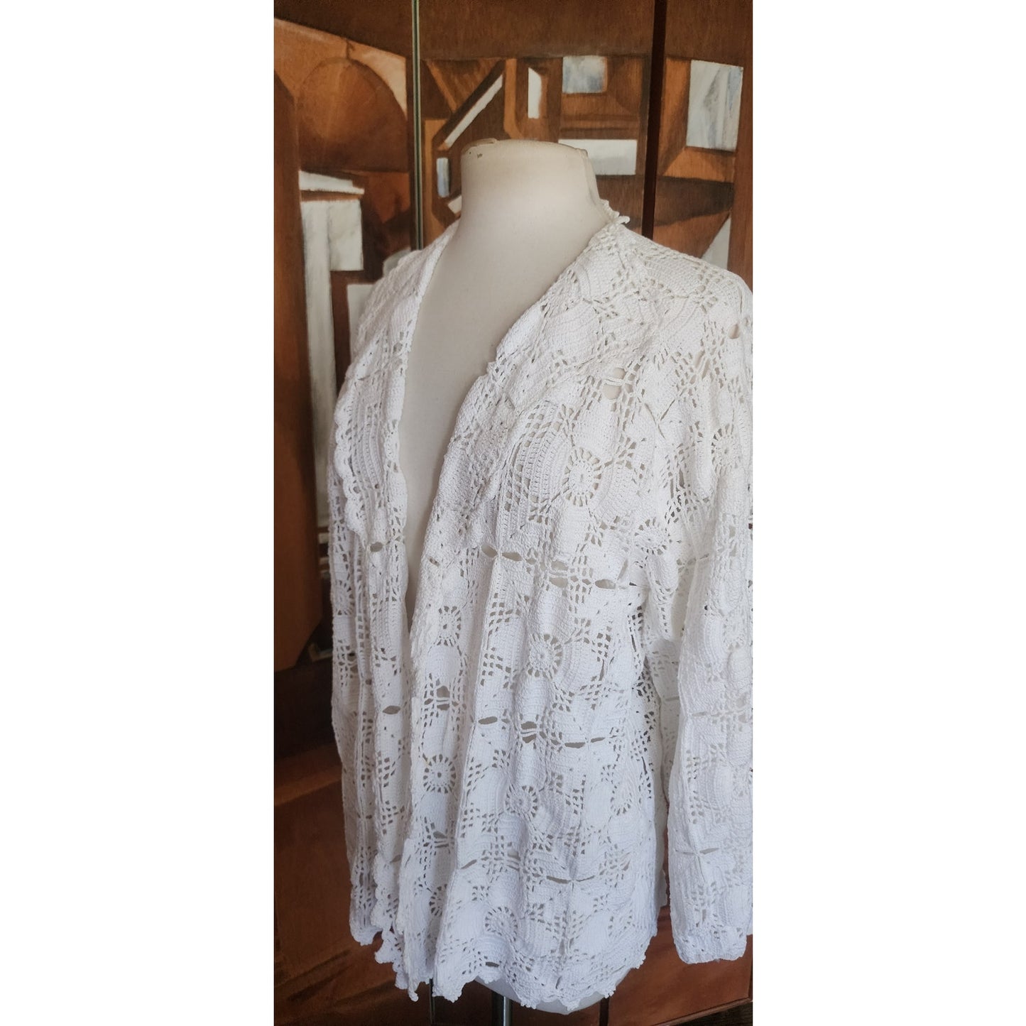 Vintage Crochet Blazer White Openwork Knit Cardigan Jacket w/Collar