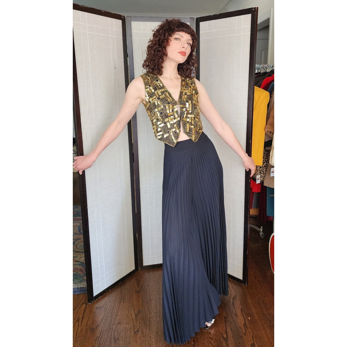 Vintage 70s Black Palazzo Pants Pleated Lynn Stuart Mister Pants