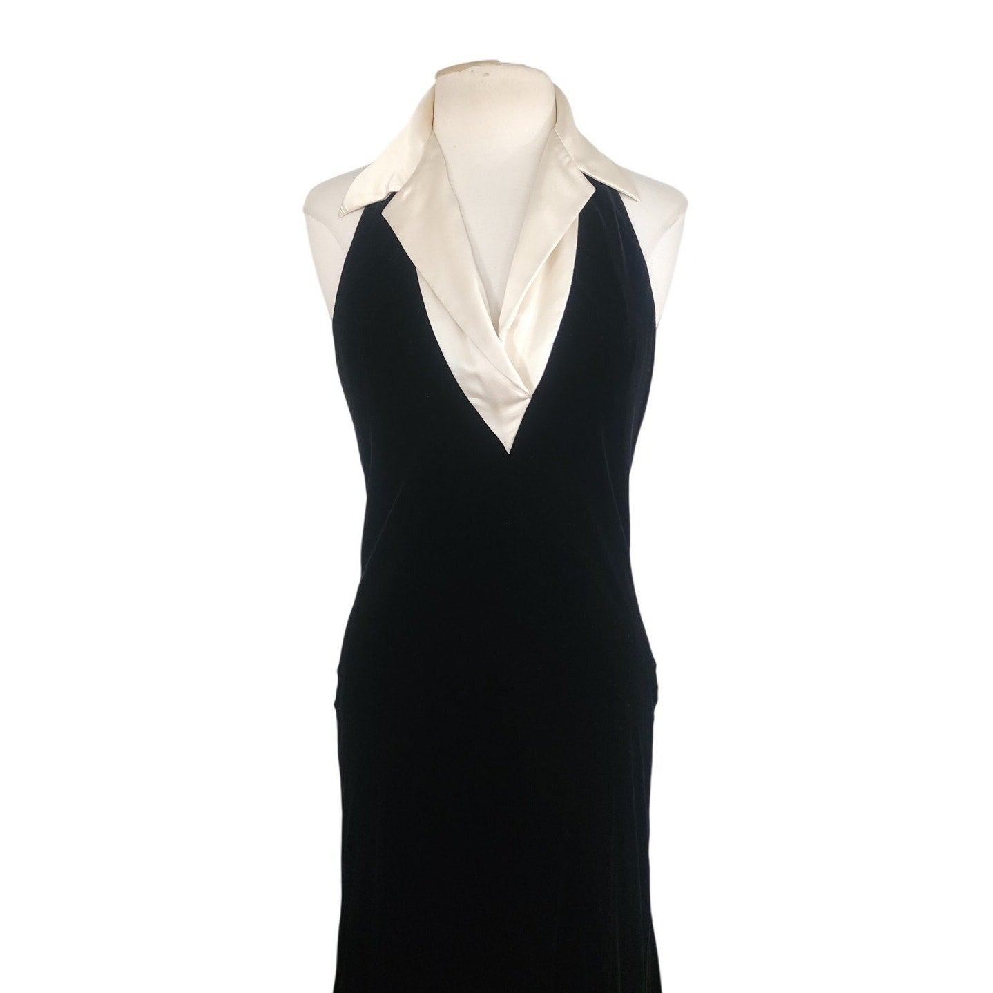 Vintage 1990s Ralph Lauren Evening Dress Black Velvet Halter Top Cream Silk Collar