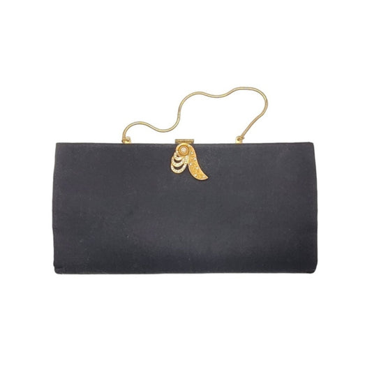 Vintage 50s Evening Bag Black Silk Clutch w/Gold Rhinestone Clasp