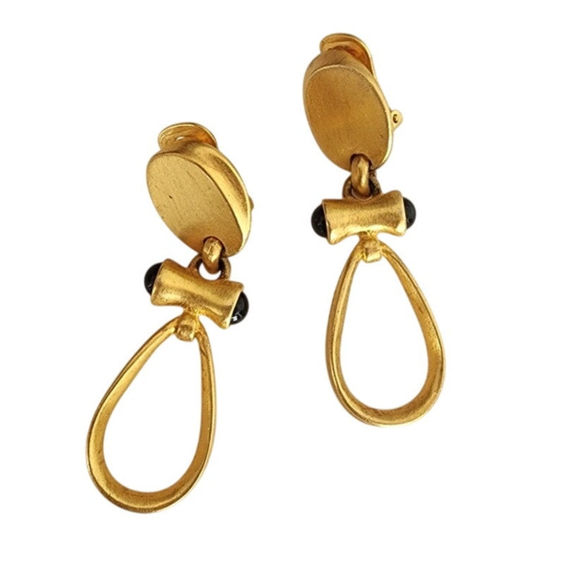 Vintage Gold and Black Teardrop Clip-On Earrings 80s 90s Etruscan Revival