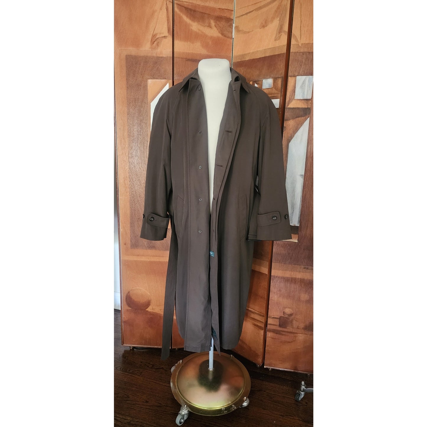 Vintage 1990s Ralph Lauren Mens Coat Brown Olive Green Trench Raincoat Large 40R
