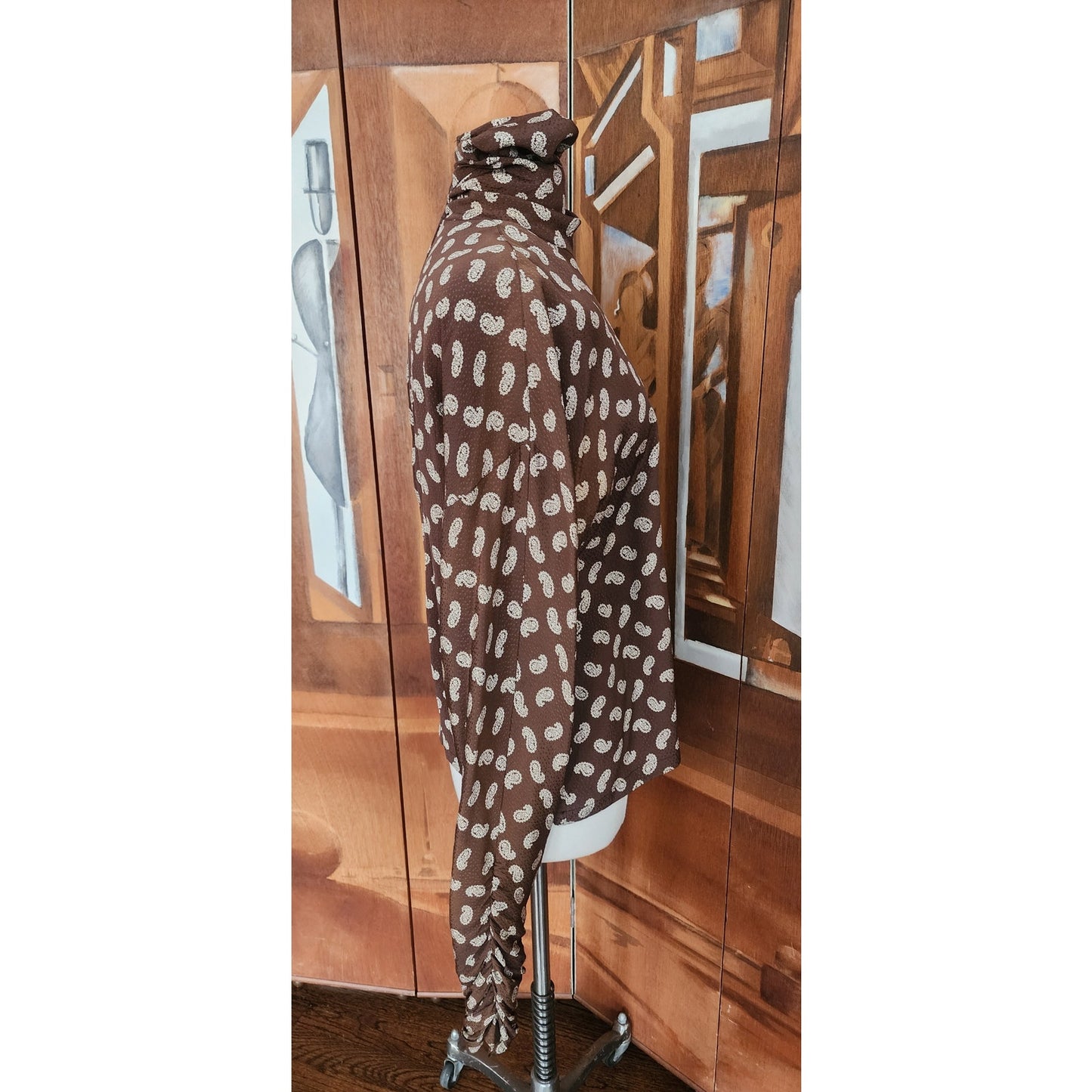 Vintage 80s GENNY Silkprint Blouse Tunic Paisley Print Brown White