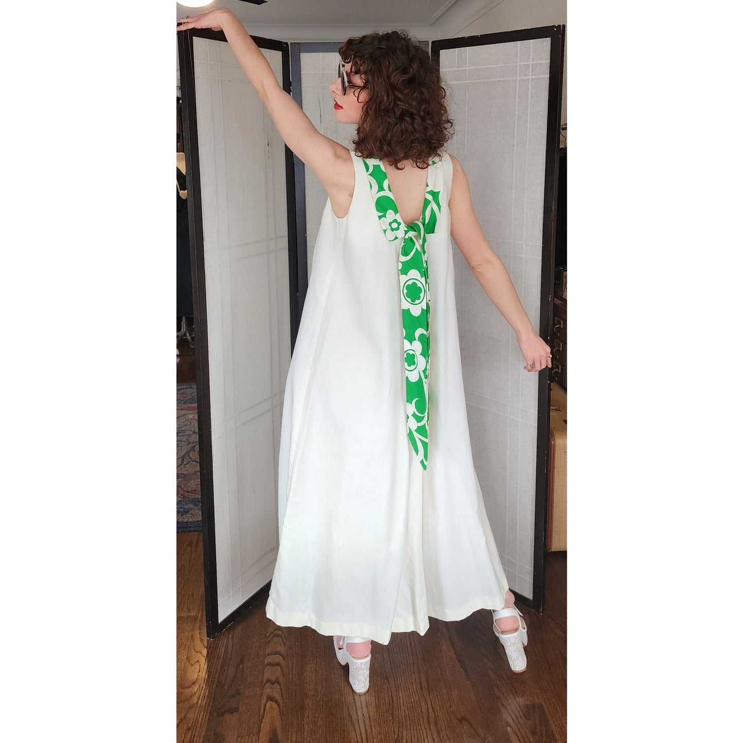 Vintage 70s Tiki Dress Maxi Green White by The Grass Shack