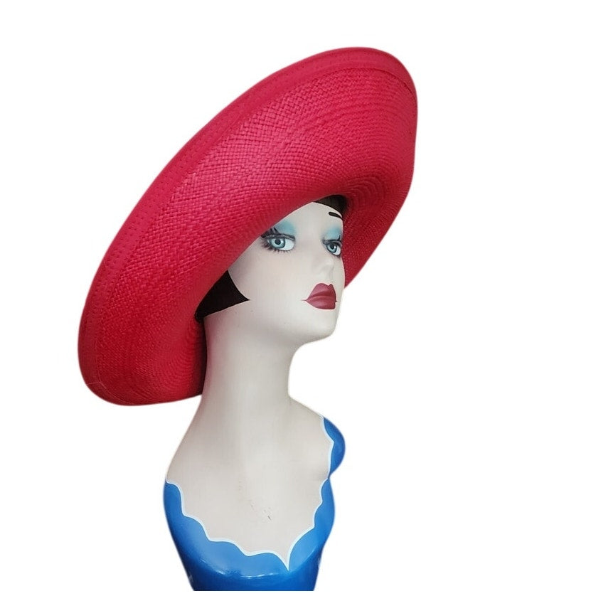 Vintage 80s Kokin New York Hat Wide Brim Sun Straw Fuchsia Black Summer Vacation Resort Oversized