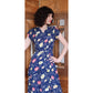 Vintage 40s Rayon Print Midi Dress Dark Blue Floral w/Belt & Diagonal Peplum