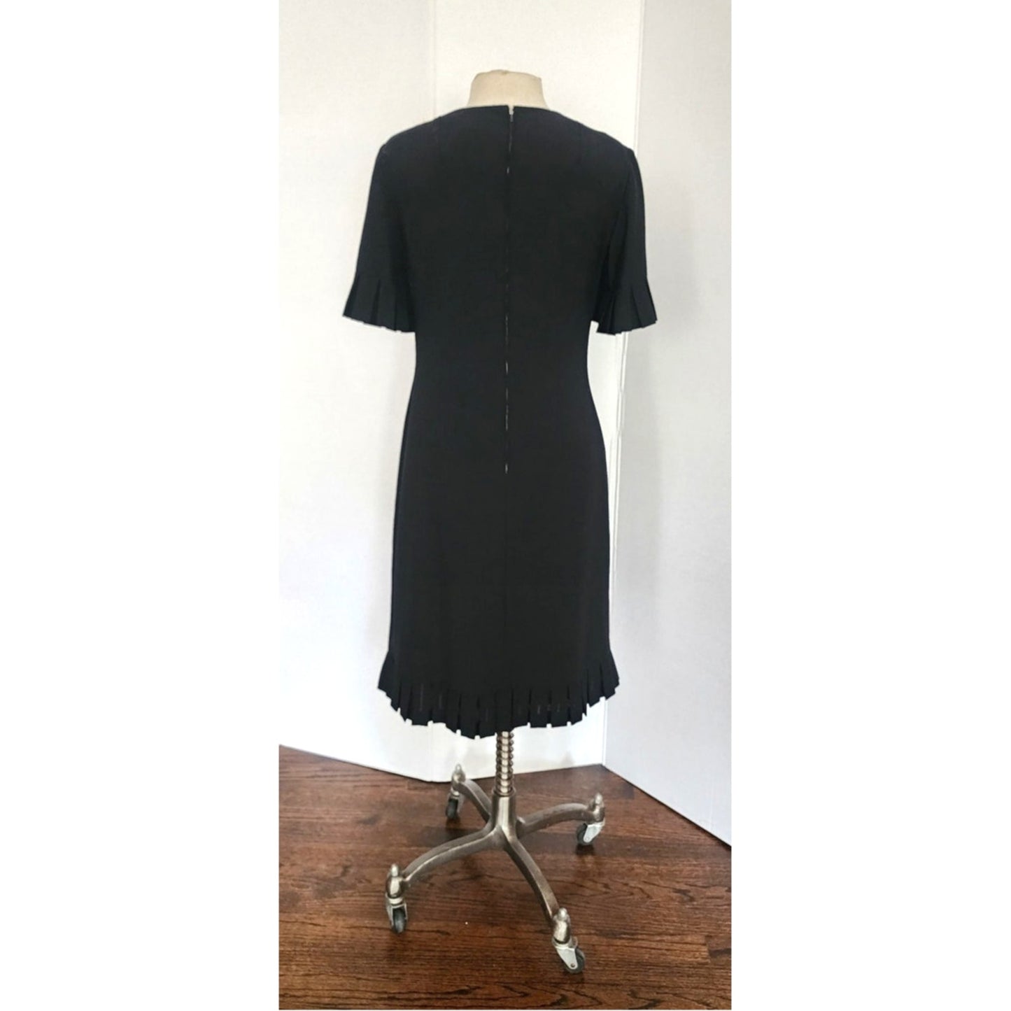 Vintage 60s Sorelle Fontana Dress Black Rayon Crepe w/Pleated Fringe Italian Designer