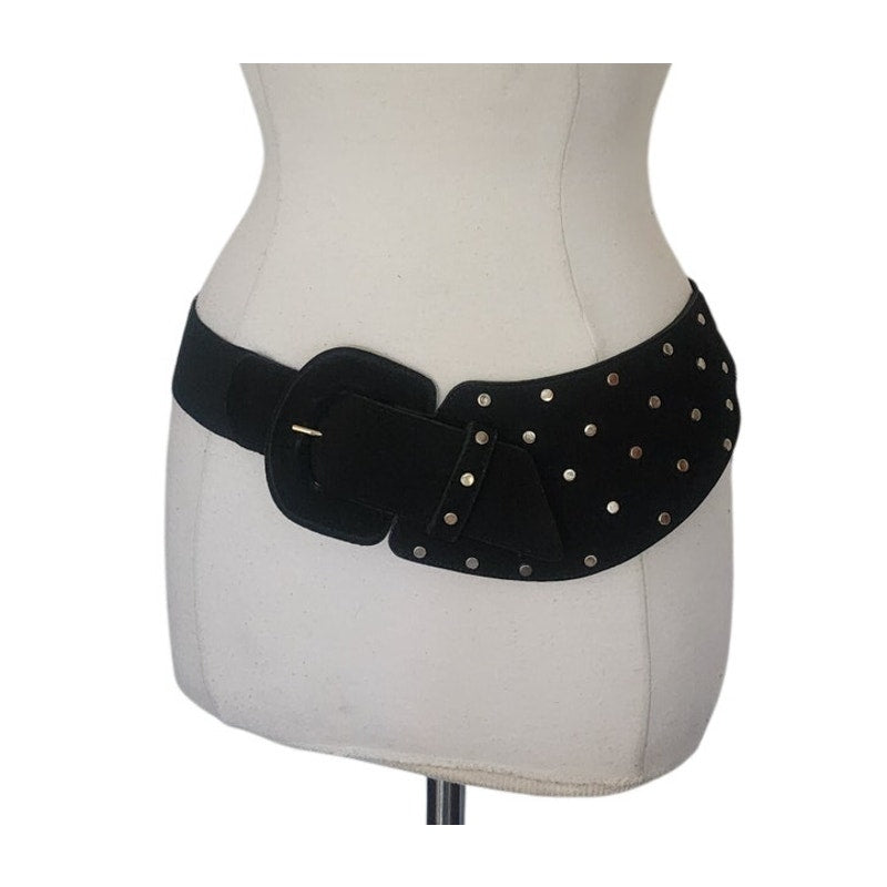 Leather Shop Belt Black Leather Studded Asymmetric Front Elastic Waist Gold Tone