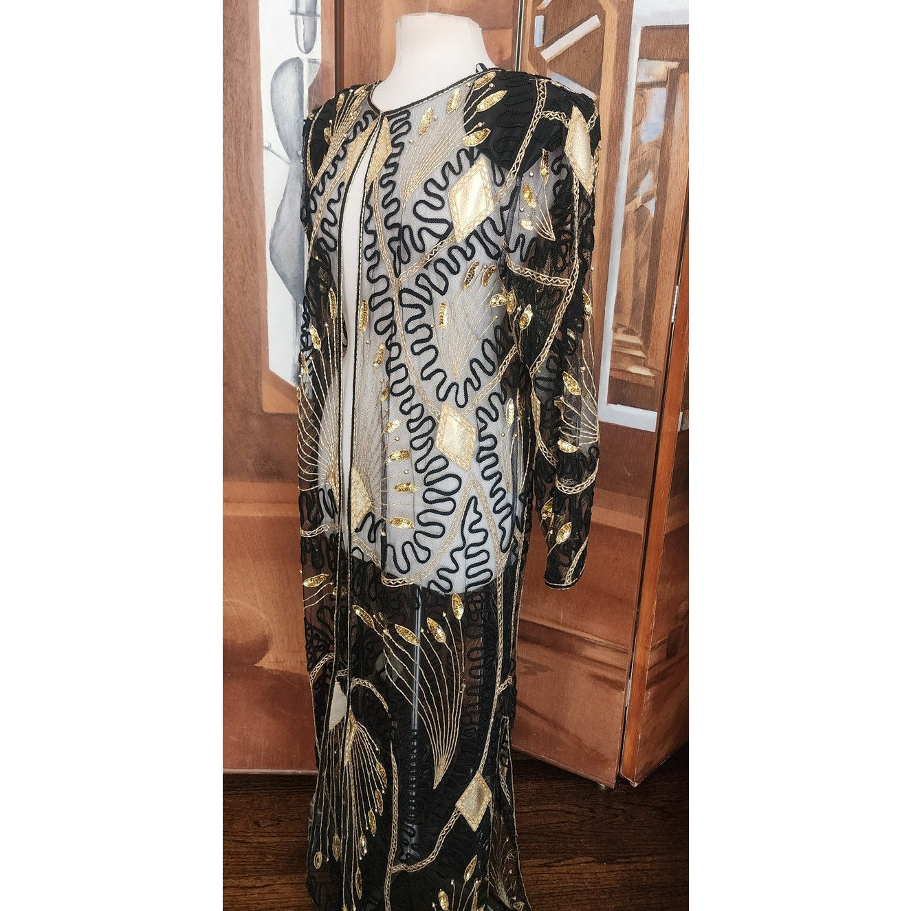 Vintage 80s Tan Chho Duster Sheer Coat Beaded Sequined Embroidered Evening Jacket Black Gold