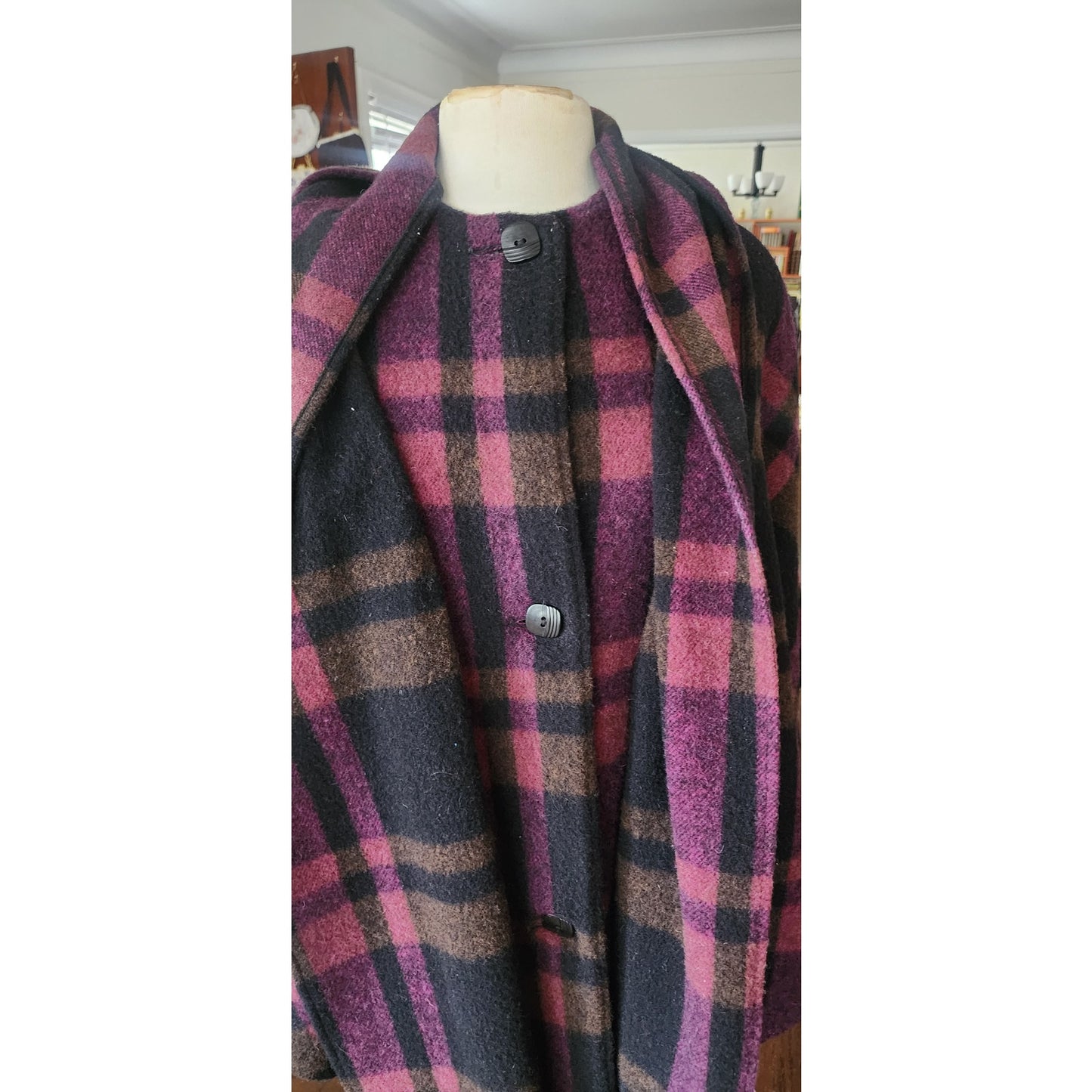 Vintage 90s Purple Wool Plaid Poncho Cloak Coat w/Scarf