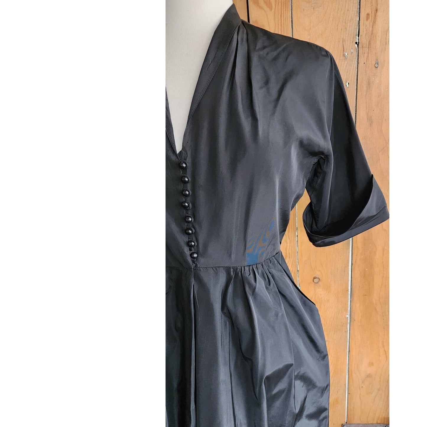 Vintage 50s Black Satin Dress Button Front Short Sleeves