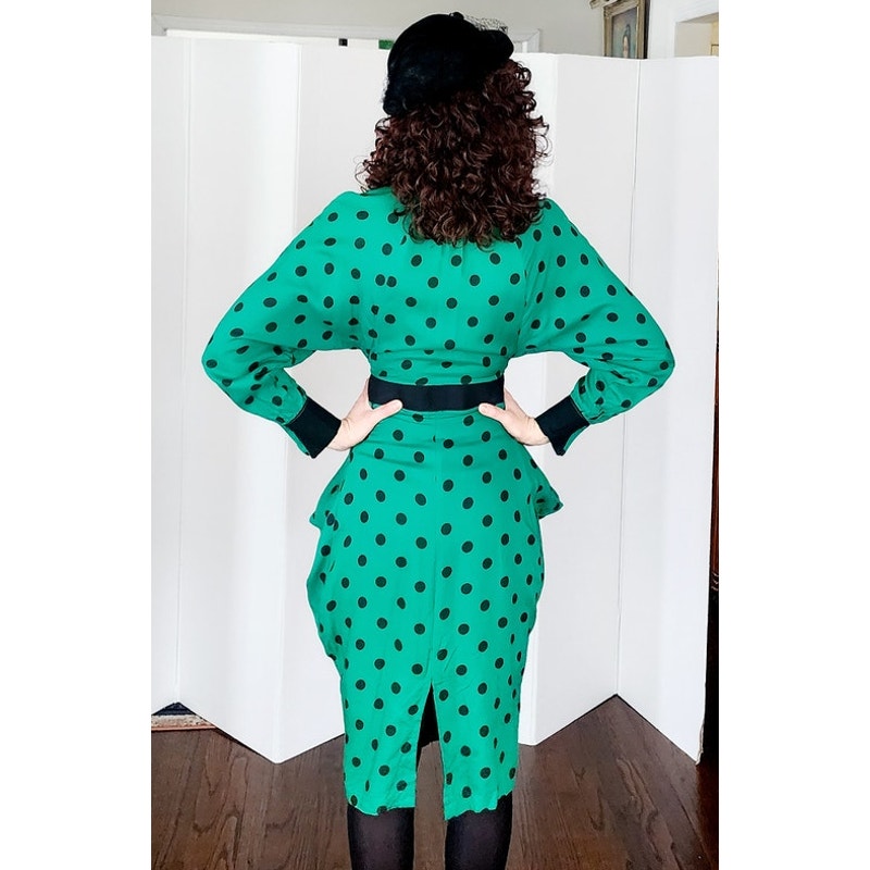 Vintage 80s Does 40s Green Polkadot Print Dress Peplum Pockets  / Strawberry Studio / S