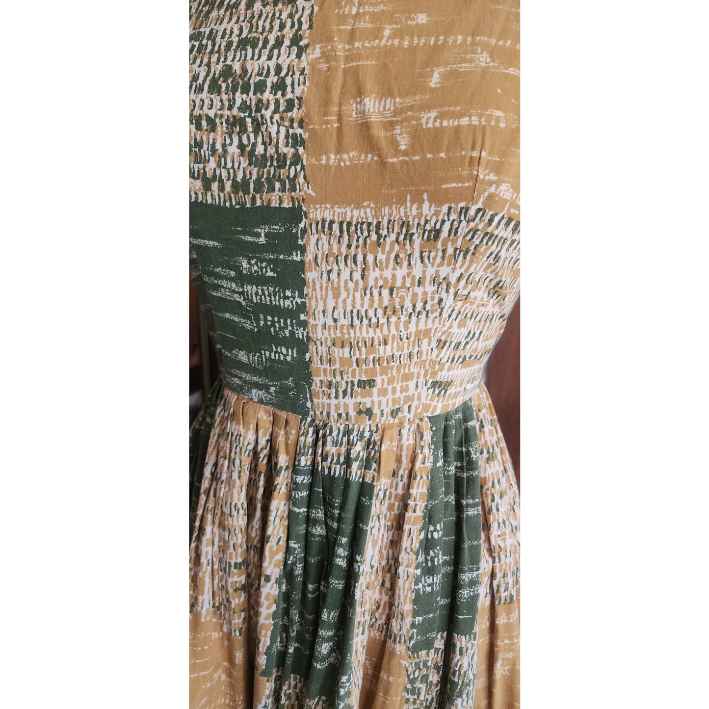 Vintage 40s 50s MCM Cotton Print Sun Dress Green Yellow Gingham Patchwork Rockabilly