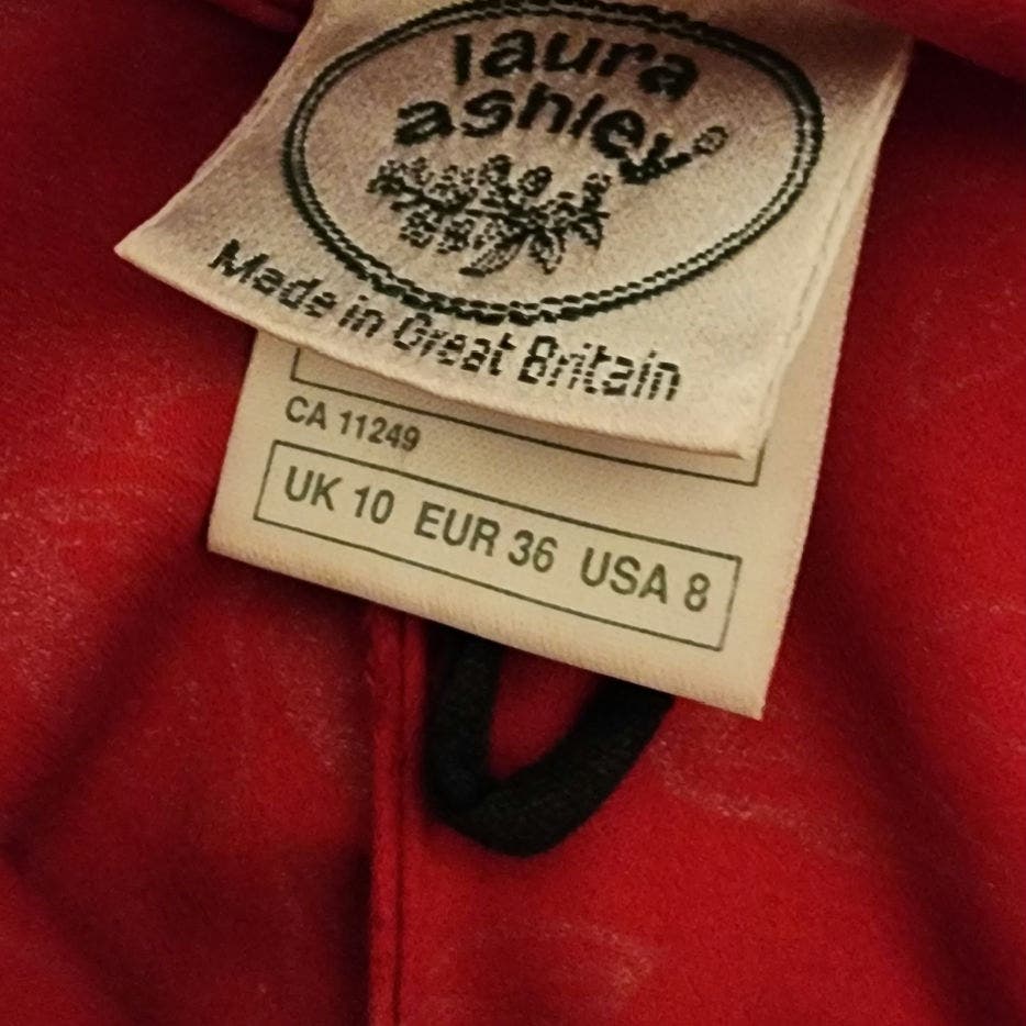 Vintage 80s Red Laura Ashley Dress Subtle Gold Floral Print Puffed Sleeves