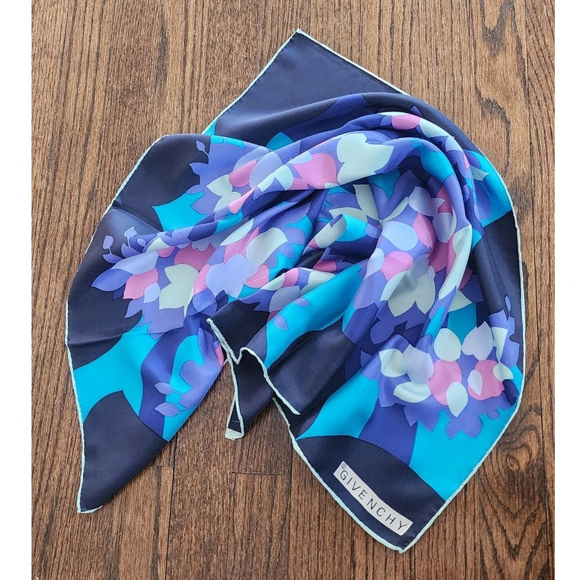 Vintage Givenchy 80s Silk Square Scarf Blue Purple Pink Floral Designer Scarf