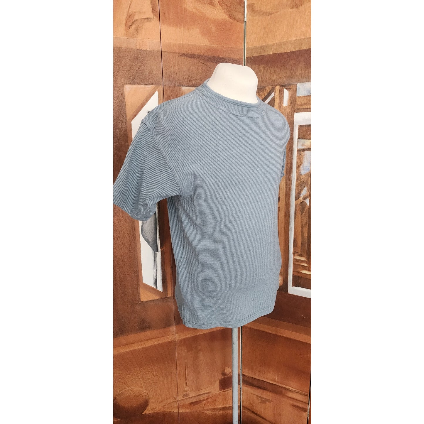 Vintage 90s Versace Classic V2 Mens Top Striped Ribbed Knit T-Shirt Dusty Blue