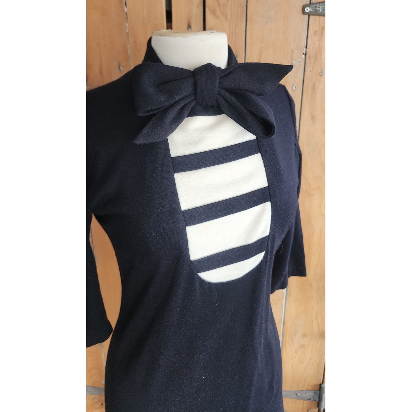 Vintage 1960s Mod Dress Black White Stripe Ascot Tie  Stretchy / Medium