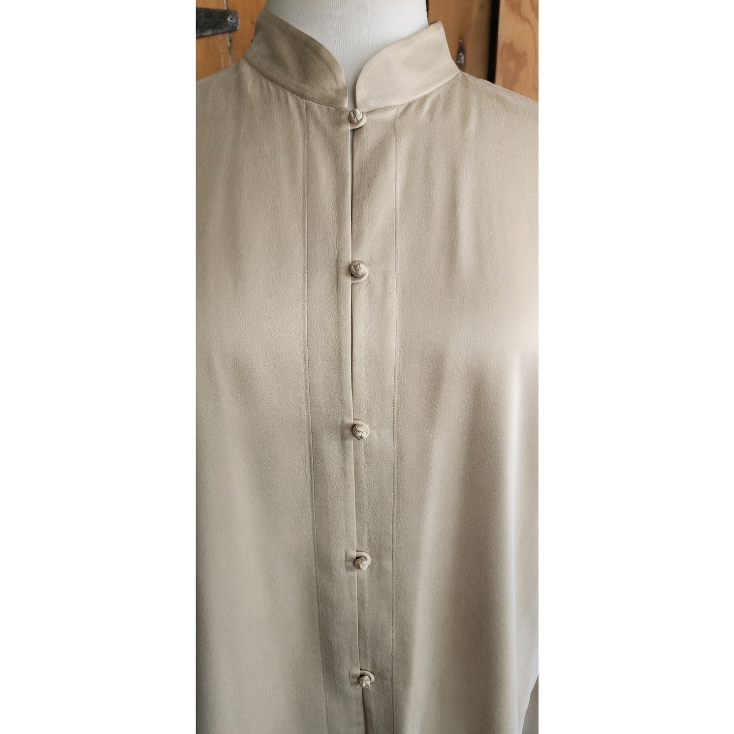 Vintage 90s Eileen Fisher Blouse Beige Silk Long Sleeves