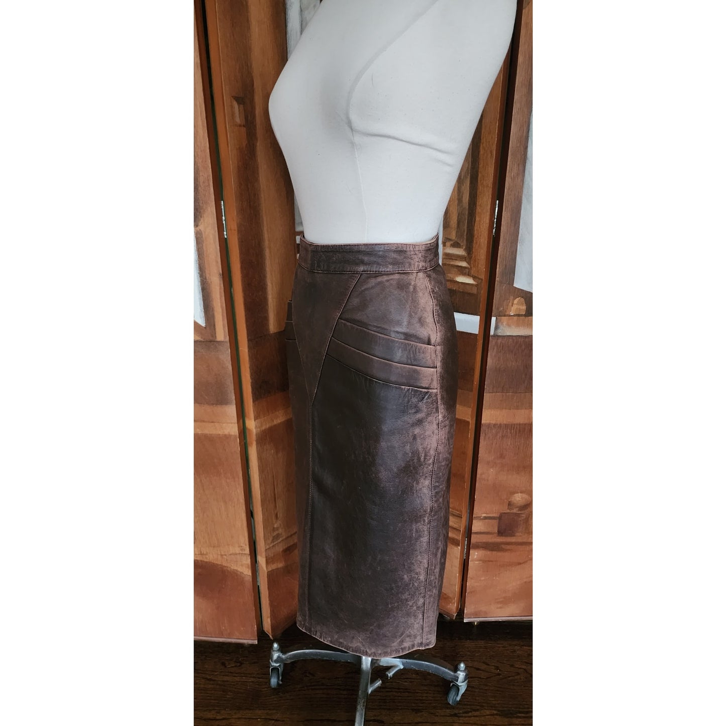 Vintage 80s Brown Leather Pencil Skirt High Waisted Geometric Accent Stitching
