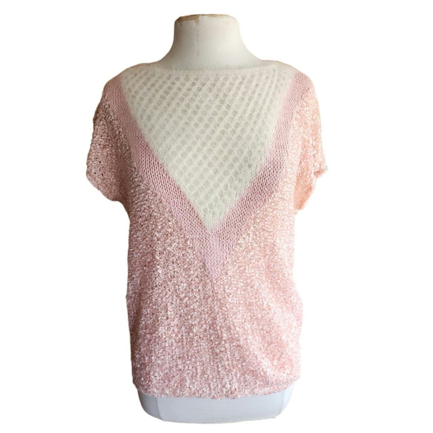 Vintage 80s Pink Knit Top White Angora Short Sleeves Signatures