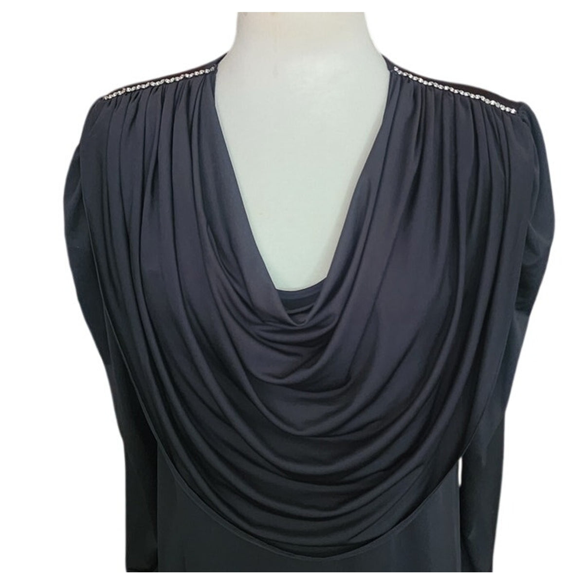 Vintage 1980s Oscar de la Renta Evening Dress Black Liquid Jersey Rhinestones Cowl Neck M