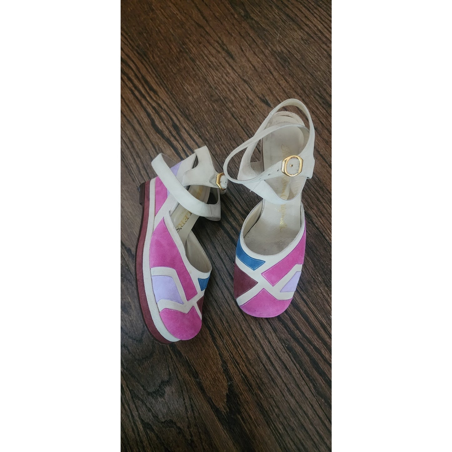 Vintage 1970s 80s Shoes Patchwork Suede Sandals Wedge Heel Pink Purple Blue 6