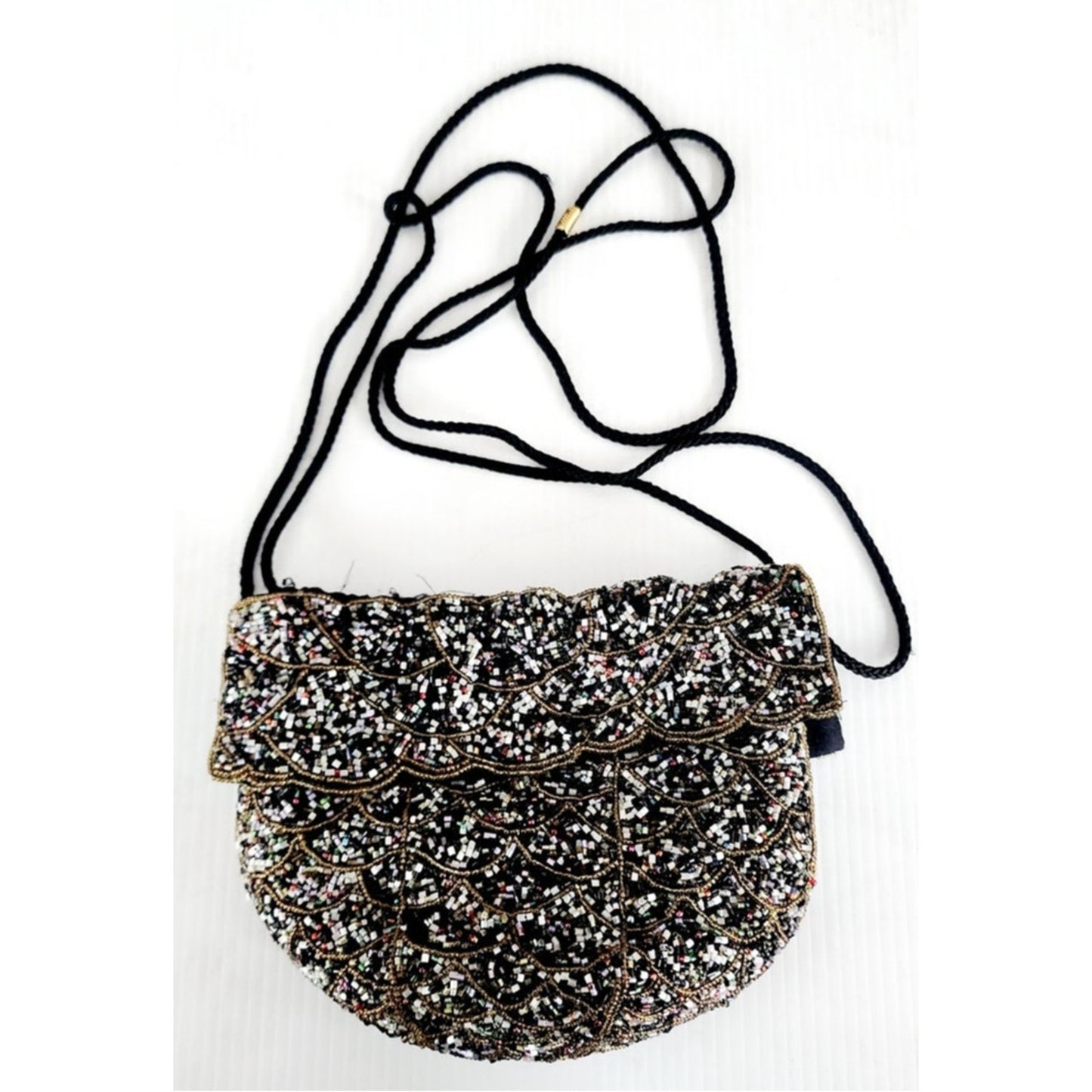 Vintage Beaded Evening Bag Black Silk Drawstring Crossbody Purse
