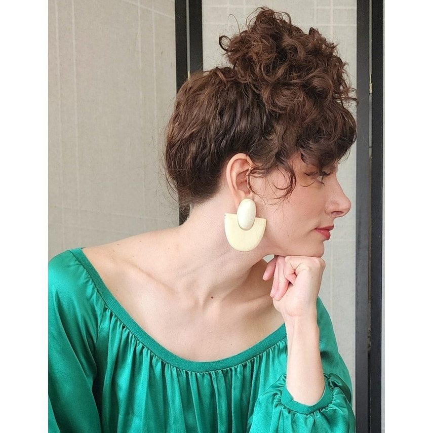 80s Bone Earrings Cream Oversized Geometric Clips