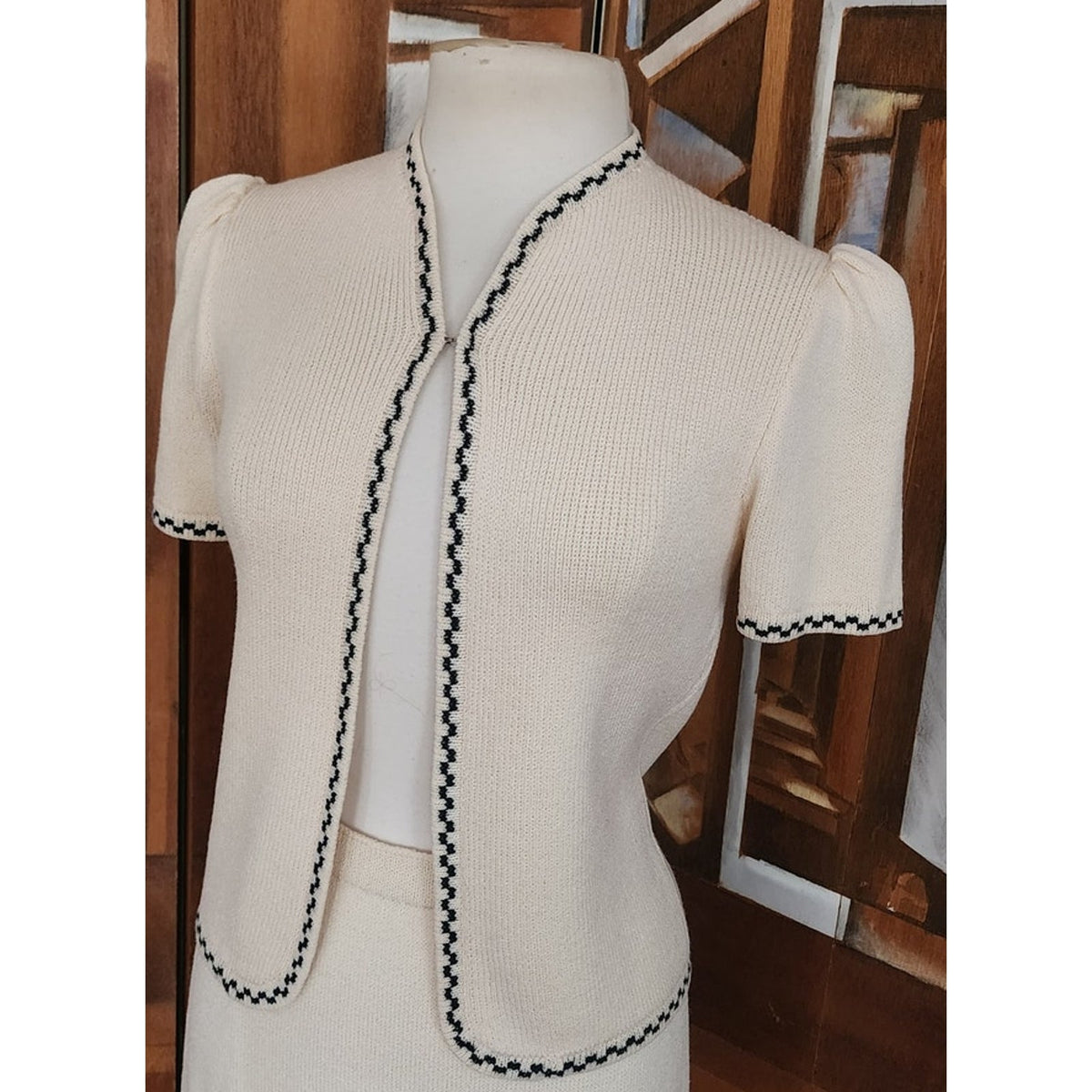 Vintage 1980s St. John Suit Jacket Cardigan Sweater + Skirt Set Cream Knit Marshall Fields