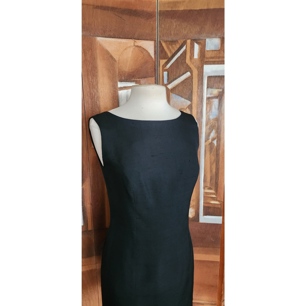 Vintage 1990s Minimalist Dress Black Raw Silk Sleeveless Shift Midi Small