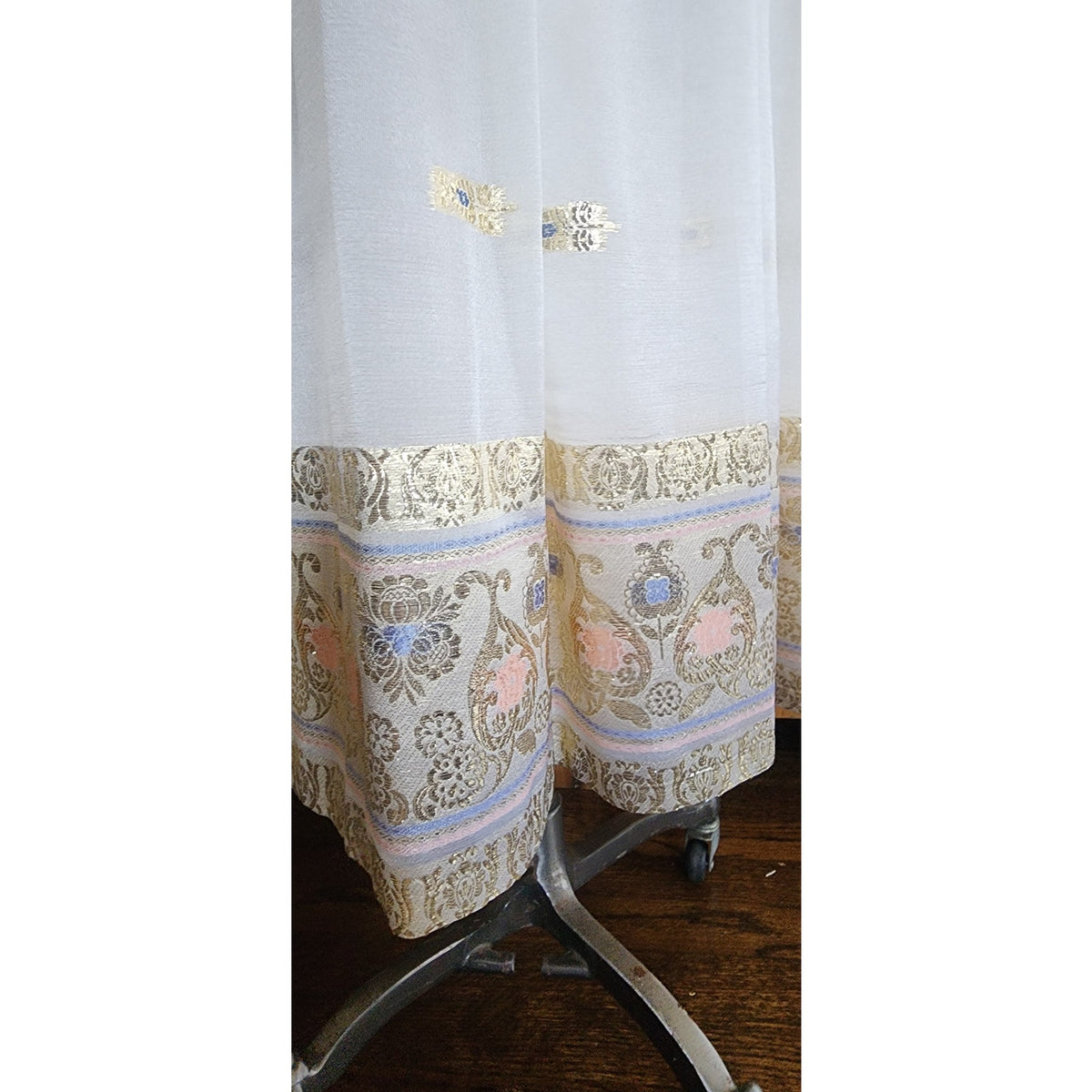 Vintage 1970s Boho Dress White Gold Brocade Embroidery Indian Style Chuck Howard