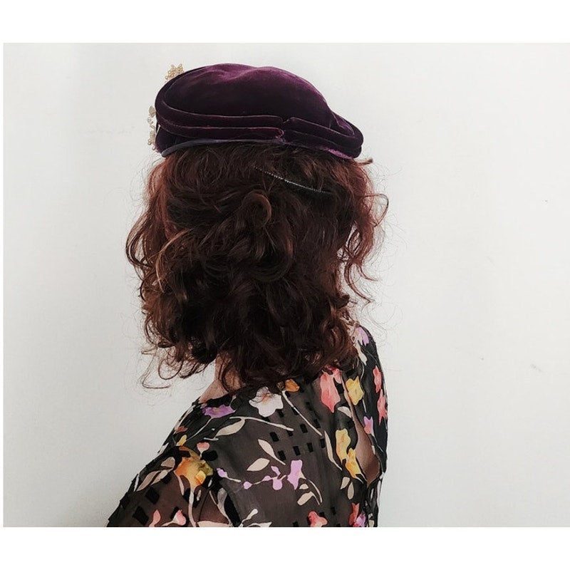 Vintage 50s Hat Burgundy Red Velvet w/Beaded Floral Trim by Anne Savel