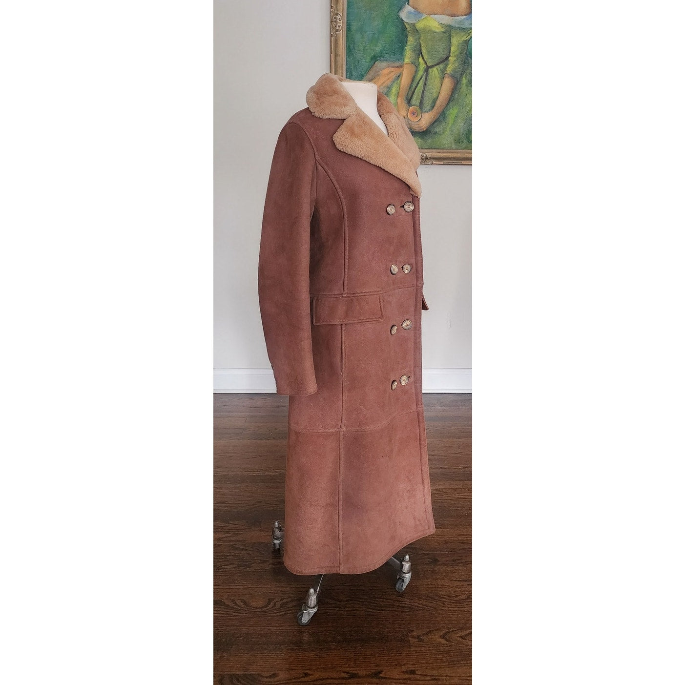 Vintage 1970s Shearling Coat Brown Suede Long Parka Double Breasted