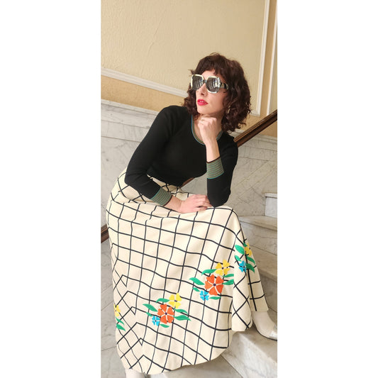 Vintage 70s Boho Maxi Dress Black Knit Top Cream Windowpane Skirt Floral Crissa Italy