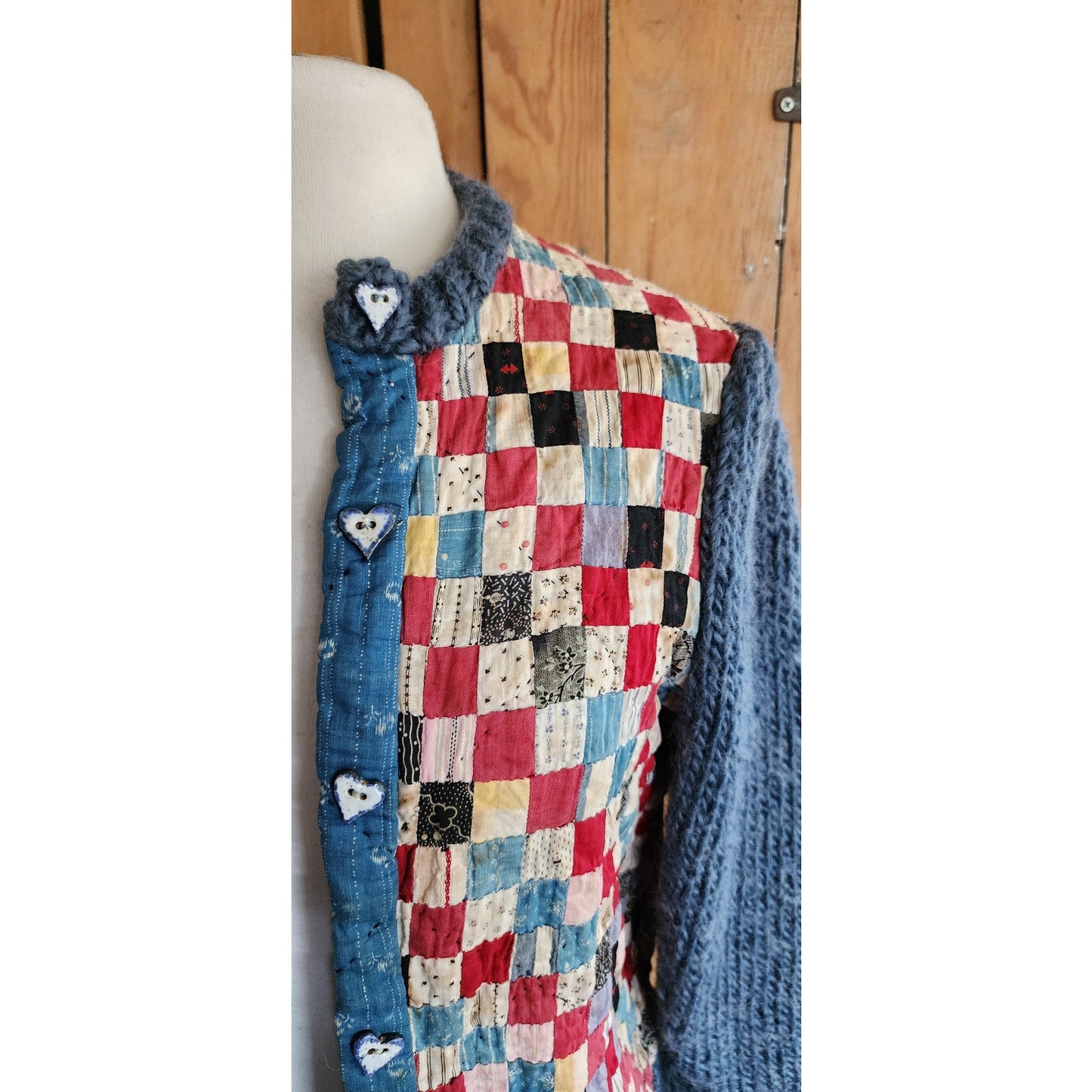 Vintage 70s Cardigan with Early 1900s Upcycled Quilt Patchwork