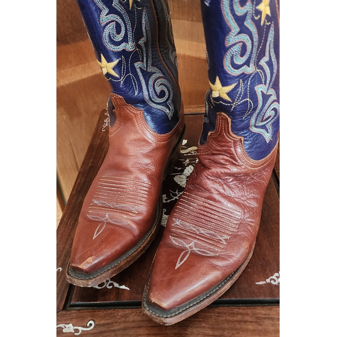 Vintage Y2K Lucchese 1883 Western Boots Blue Leather Star Embroidery Cowgirl Cowboy