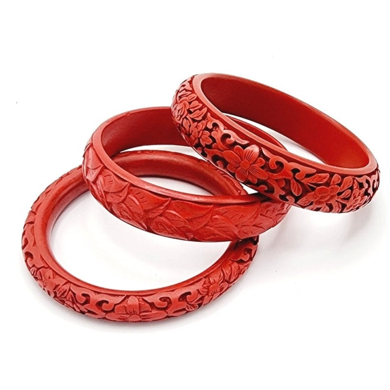 Vintage Red Cinnabar Bracelets Lot of 3 Carved Chinese Lacquer