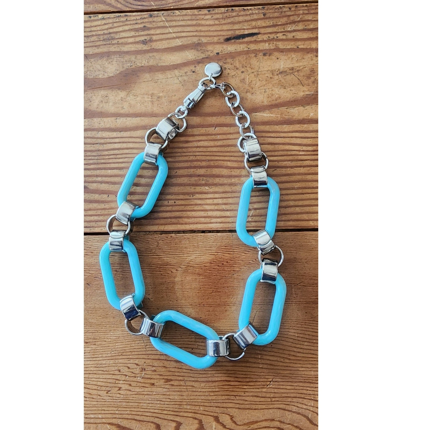 Vintage Y2K PONO by Joan Goodman Resin Chain Link Necklace Aqua Blue Silver Statement Italy