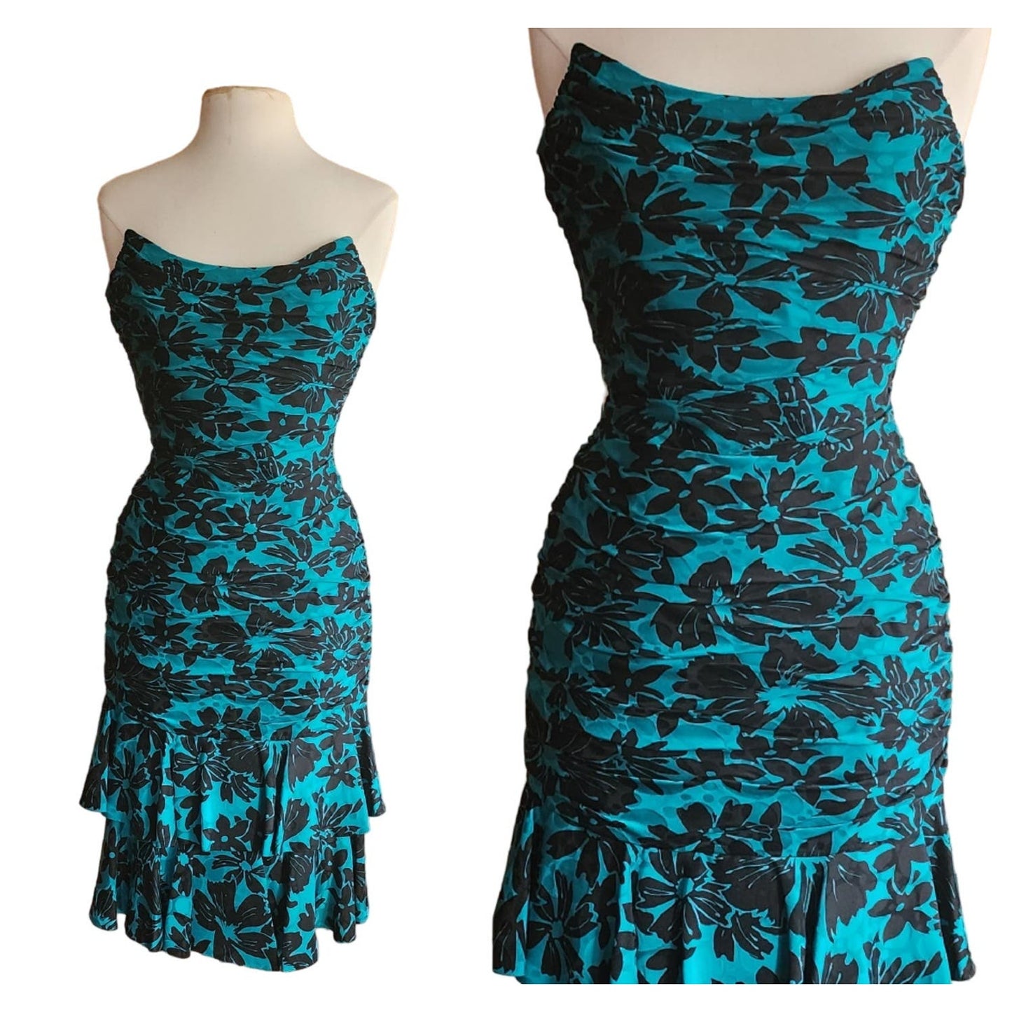 Vintage 80s Strapless Party Dress Teal Black Floral Print