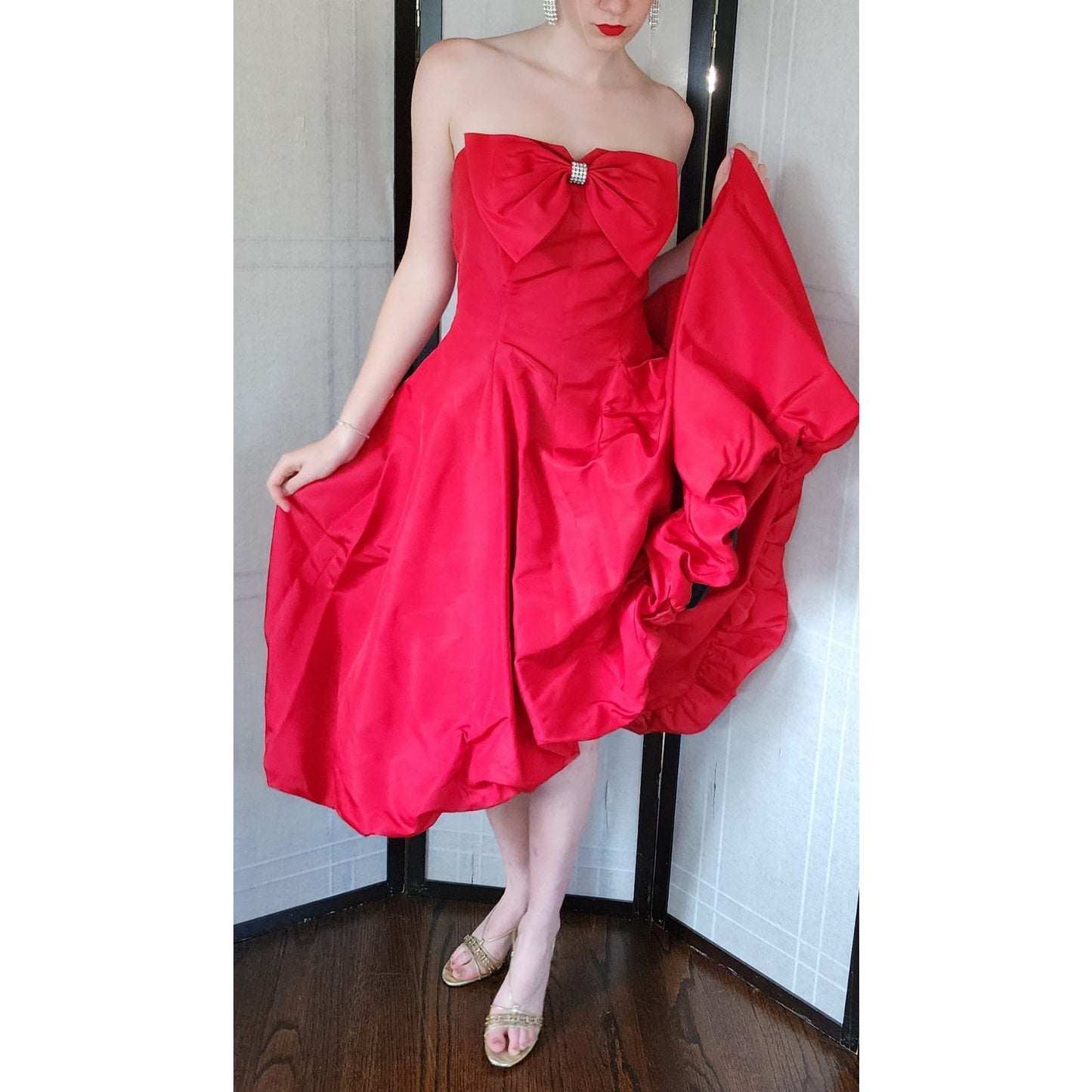 Vintage 80s Red Party Dress Strapless w/Bow by Climax