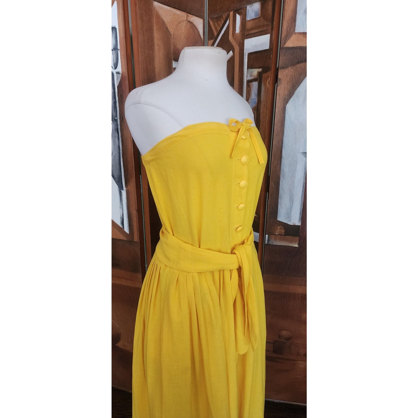 Vintage 80s Sonia Rykiel Strapless Dress Yellow Cotton Button Front Sash Belt Waist