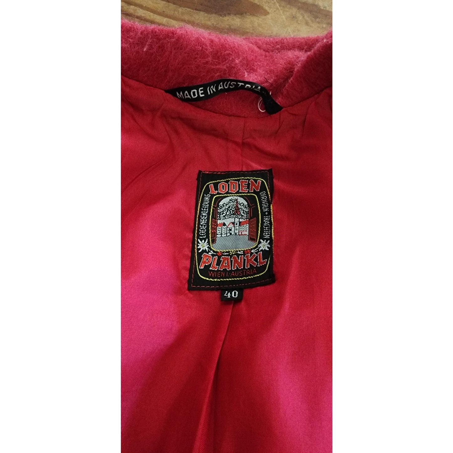 Vintage 1960s Loden Plankl Red Wool Coat Austrian Trachten Alpine Silver Fish Pin